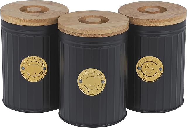 Homiu Tea Coffee and Sugar Storage Container Airtight with Bamboo Lid, Food Storage Jars Set of 3, Black Carbon Steel Kitchen Canister, 11 x 17 cm (Tea, Coffee and Sugar Canisters)