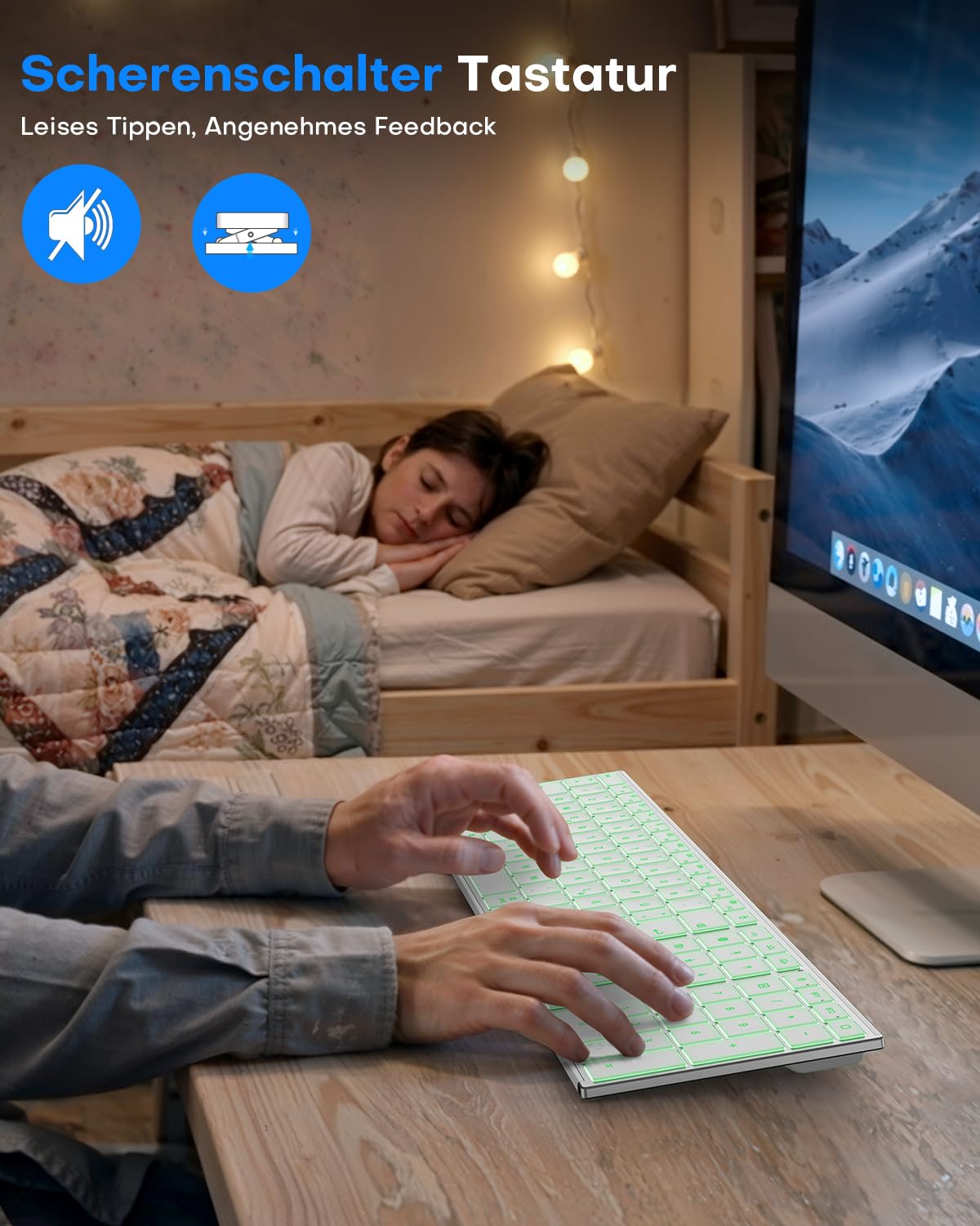 OMOTON Aluminium Kabellose Mac Tastatur, 2.4G & Dual-Bluetooth (BT1/BT2), Beleuchtete Tastatur für Apple MacBook Pro/Air, iMac, Mac mini, ultradünn, wiederaufladbare leise QWERTZ, Silber