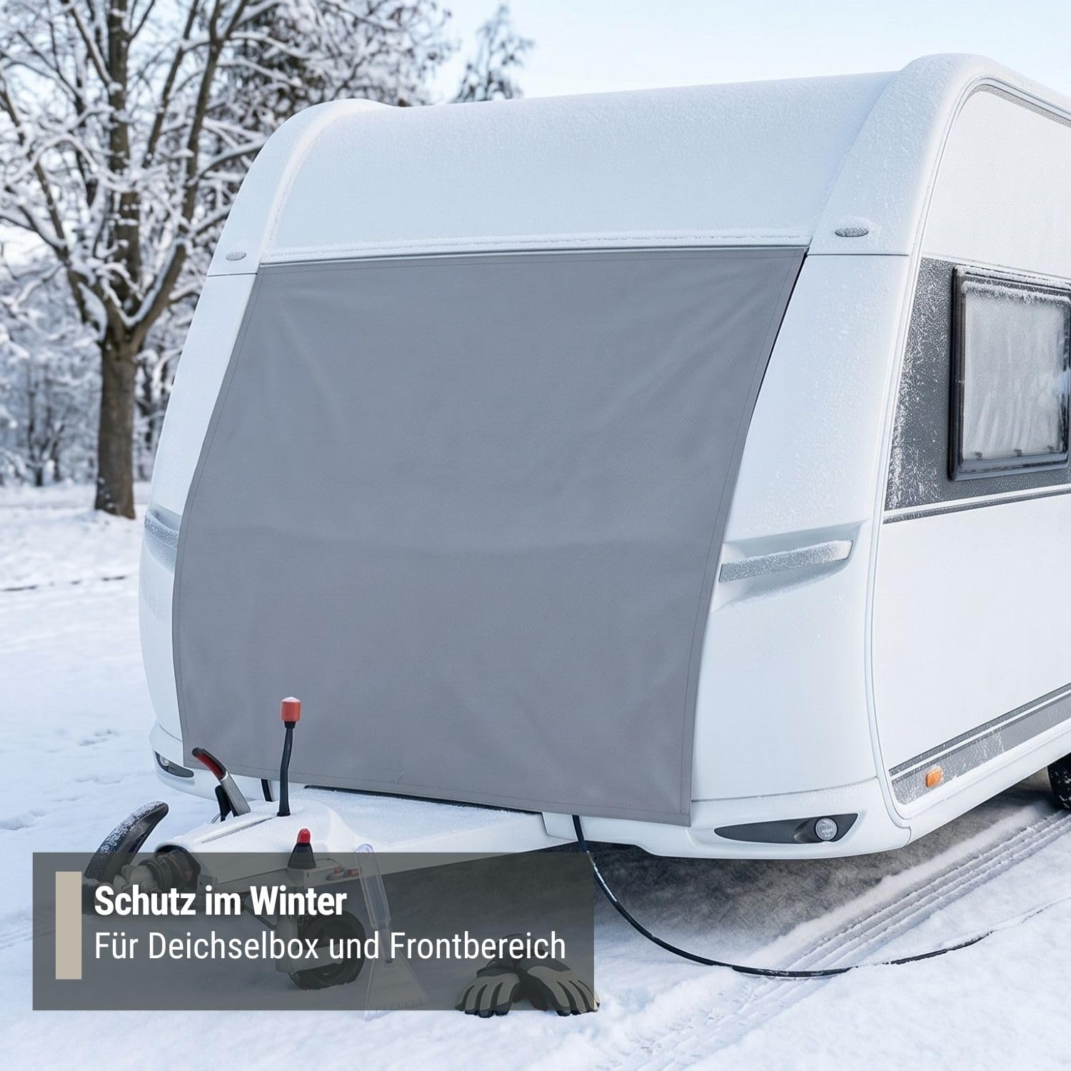 deiwo Bugschutzplane Wohnwagen 160-200 x 160 cm, wetterfeste Schutzplane für Wohnwagenfront und Deichselbox, Befestigung mit Kederschnur, Wohnwagen Abdeckung mit Spannringen (200 x 160 cm)