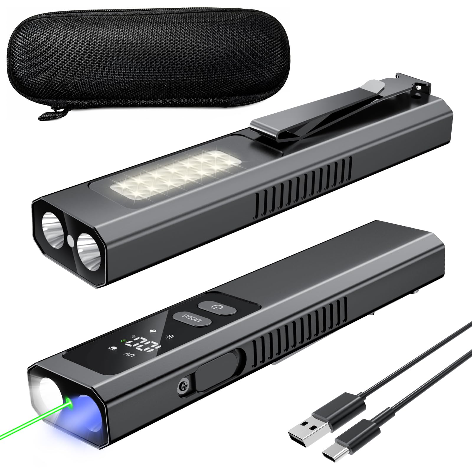 EDC Flat Flashlight 4 in 1 Pocket Magnetic Flashlight High Lumens Work Light with Green Beam & UV Light & Warning Light Combo EDC Rechargeable LT-010 (Black)