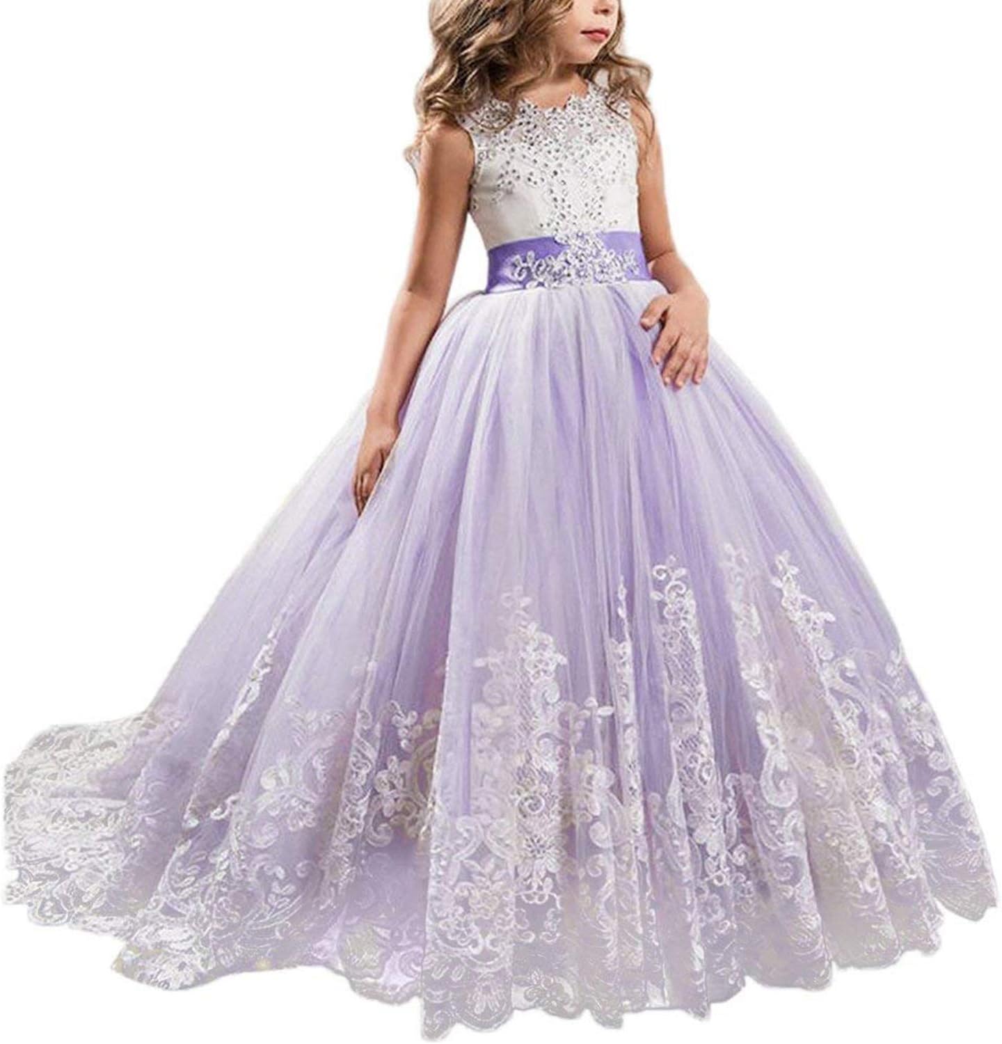 Girls Embroidery Princess Dress Wedding Birthday Party Long Tail Prom Gowns