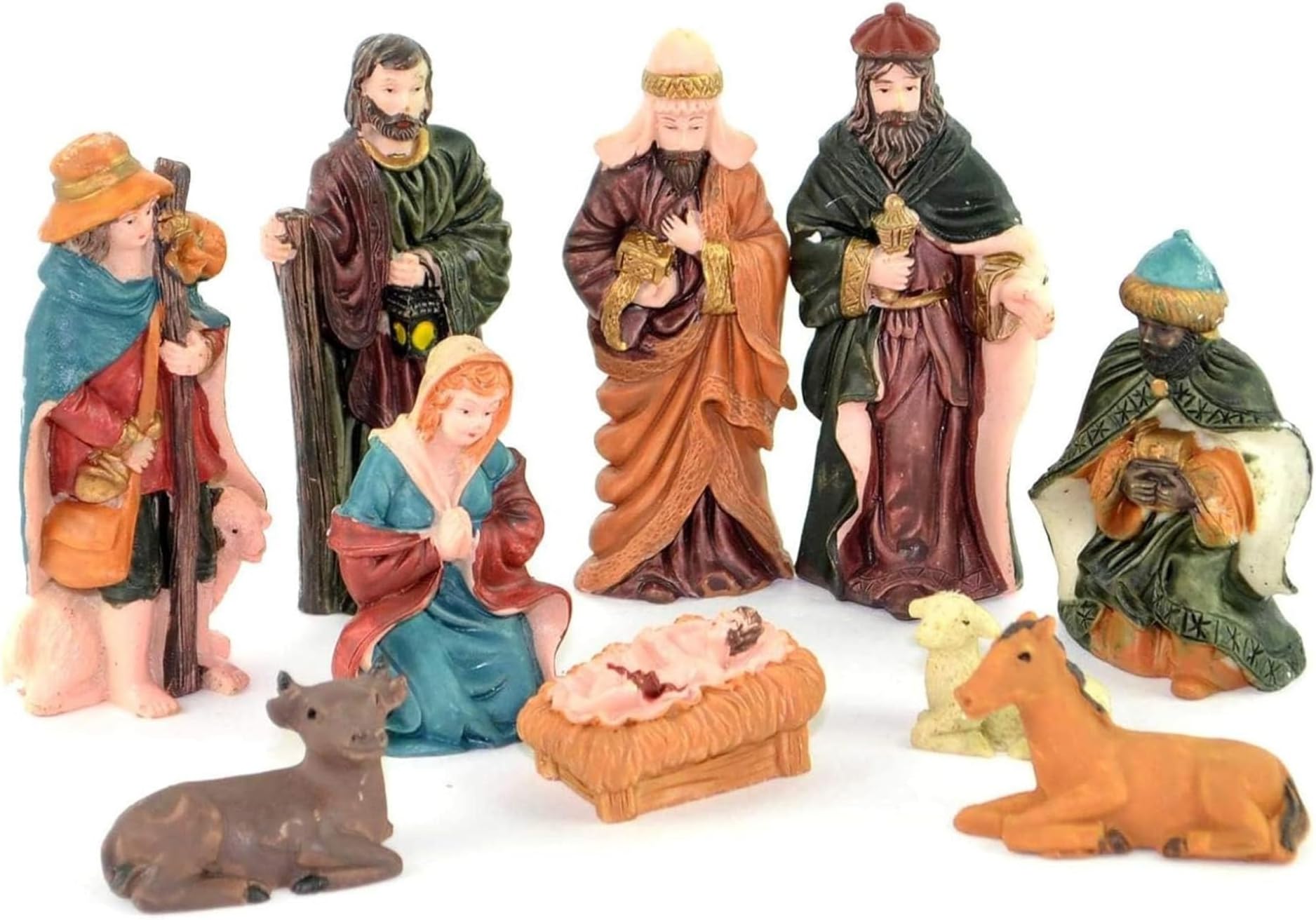 SHATCHI Small/Large Handmade Nativity Scene Birth Jesus Christ Wooden Stable and 10pcs/12pcs Figurine House Sculpture Christmas Decoration Xmas Décor, Multicolor 10pcs Figures, Small 10pcs Figures