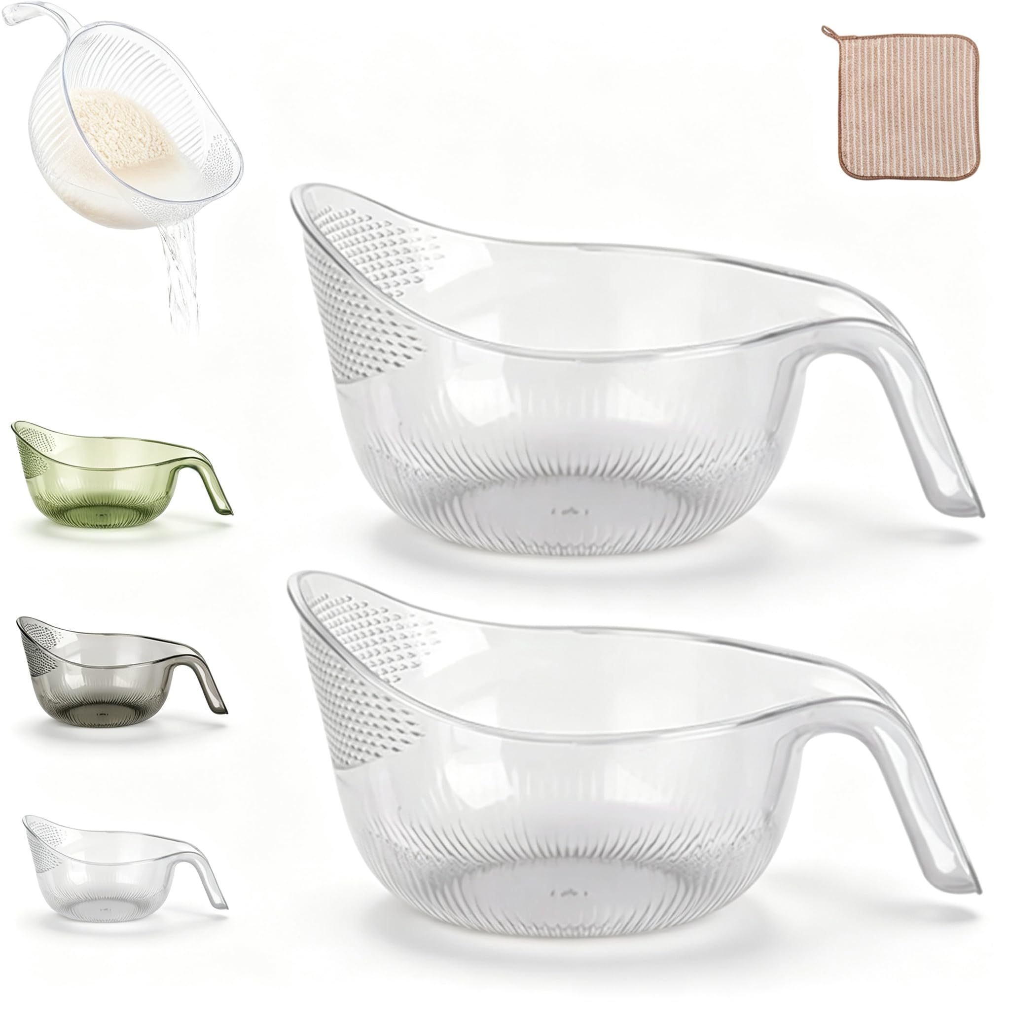 Aesthetic Multifunctional Rice Strainer with Handle, Multipurpose Rice Washing Bowl Strainer with fine Holes, 2-in-1 Rice's Strainers for Grains, Vegetables, Fruits，2pcsClear