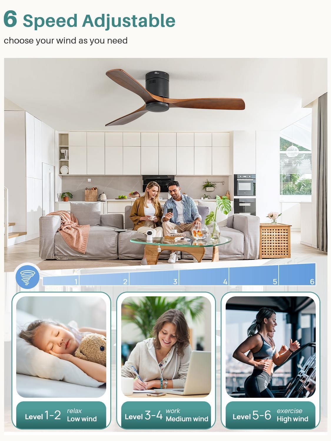 Sofucor 52 Inch Smart Ceiling Fan Without Lights Flush Mount Solid Wood Ceiling Fan with Alexa/Google Assistant/APP/Remote Control-Modern Outdoor Ceiling Fans No Light for Bedroom/Patio, Brown Black