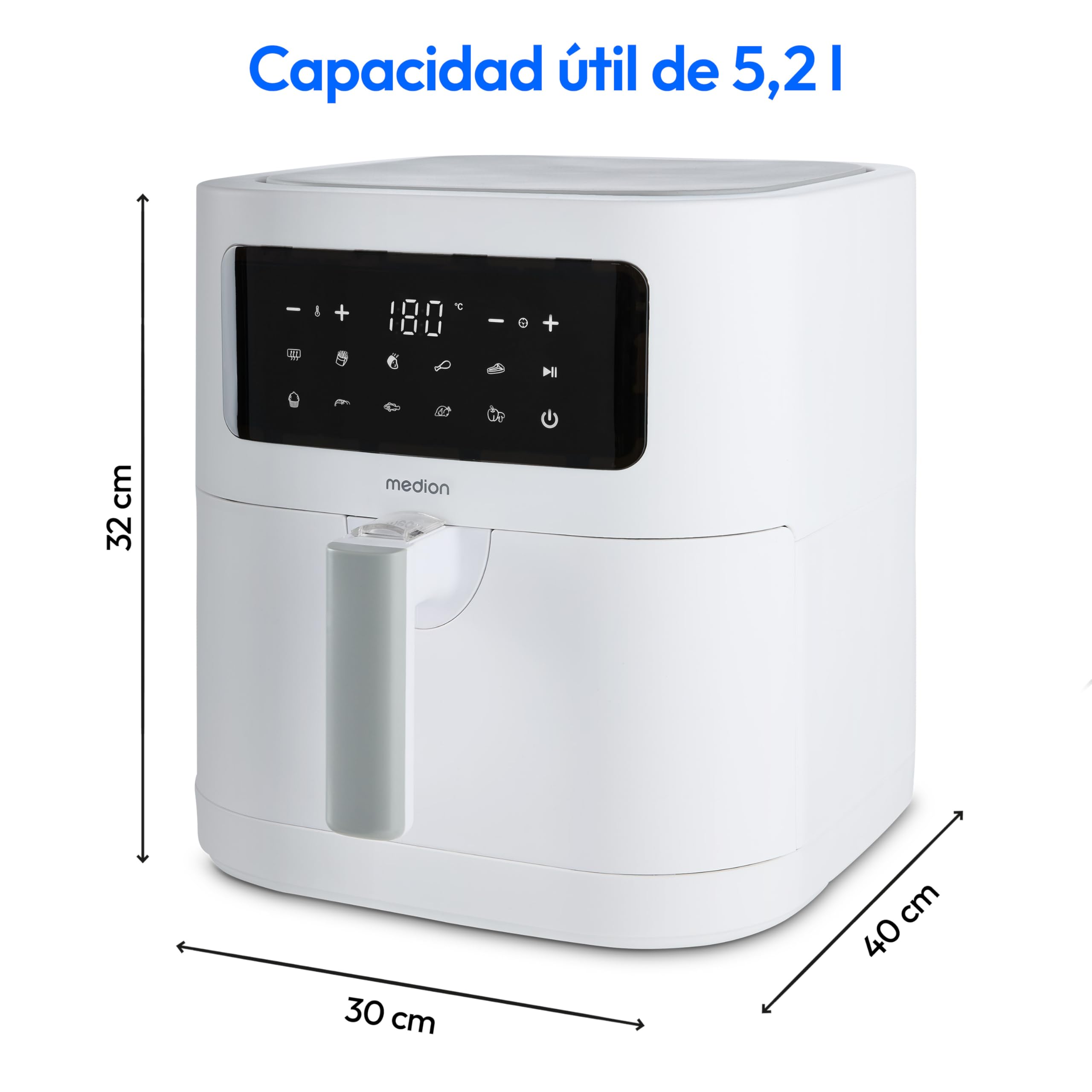 MEDION E40 XL freidora de aire caliente (5,2 L, airfryer, 2 150 W, 9 programas automáticos, función horno, fritura sin aceite, panel táctil, pantalla LED), mate