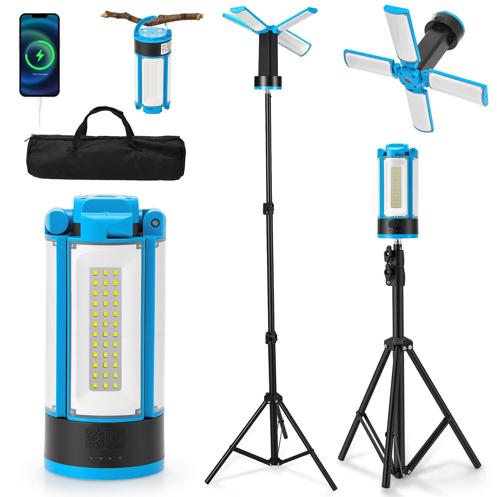 Rechargeable LED Camping Light 10400mAh with Stand, 4100LM Dimmable LED Work Light, Portable 6500K Tripod Lamp with Magnetic Base & Bag for Camping Garage Workshop Emergency