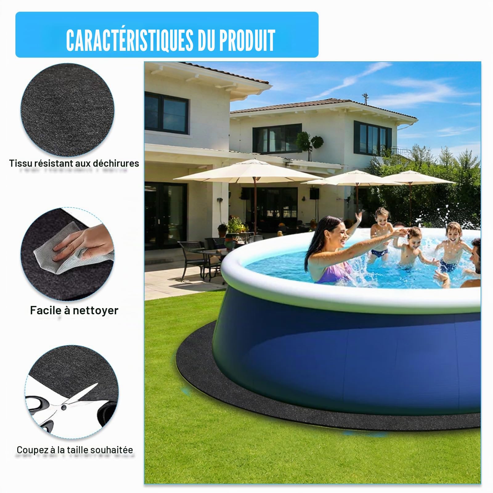 Couverture de piscine ronde 370 cm – sous-couche de piscine antidérapante pour l'extérieur, sous-couche de protection de fond de piscine pour piscines hors sol et spas, pliable, robuste