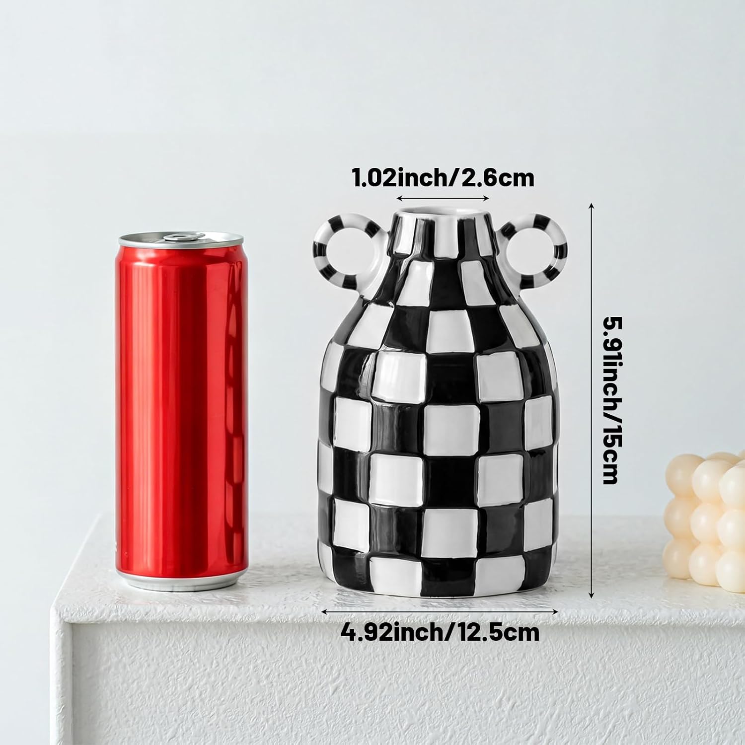 Black and White Checkered Ceramic Vase with Double Ears, Modern image 2