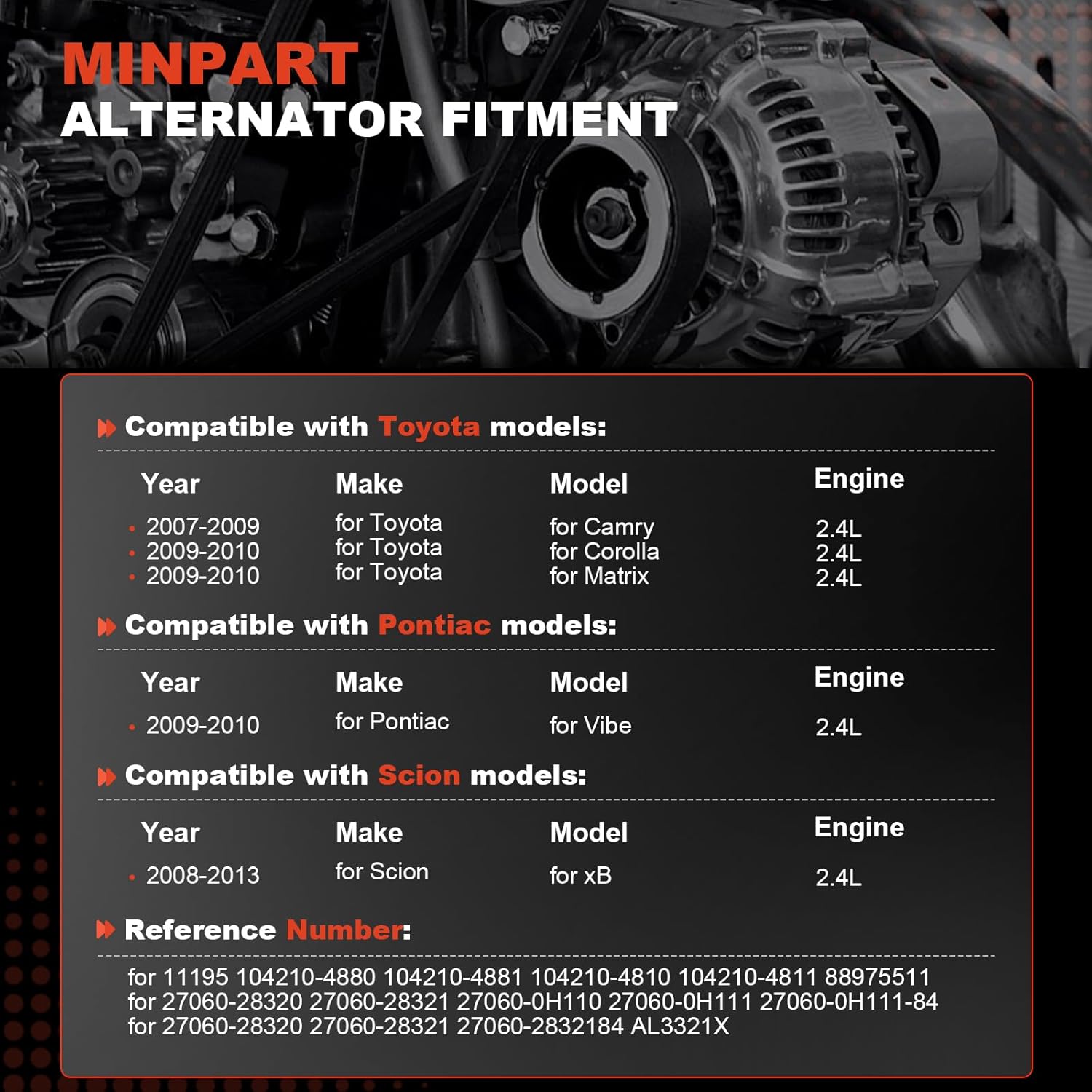 New Alternator L4 2.4L 100Amp Fit for Toyota for Camry 2007 2008 2009,for Corolla 2009 2010,for Pontiac for Vibe 2009 2010,for Scion for xB 2008-2013, OEM Alternator Replace for 11195