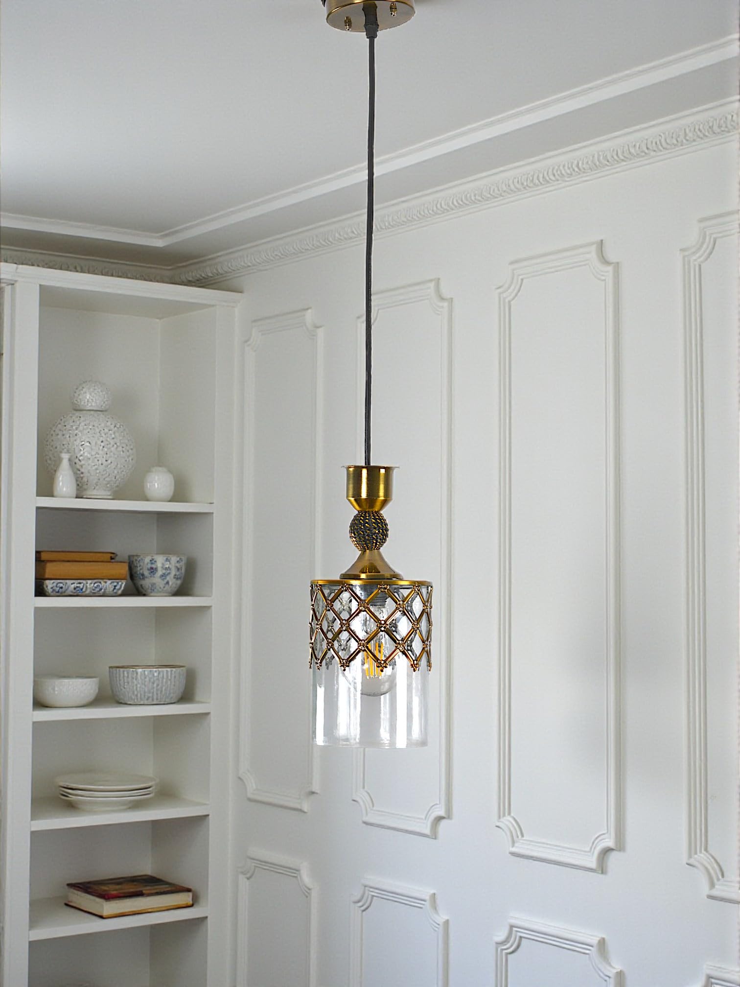 Prop It Up Glass Pendant Light with Gold Lattice Design, Clear Cylinder Shade Hanging Like fro Hall, Decorative Hanging Fixture Pendant lamp for Bedroom Bulb not Included-image-13