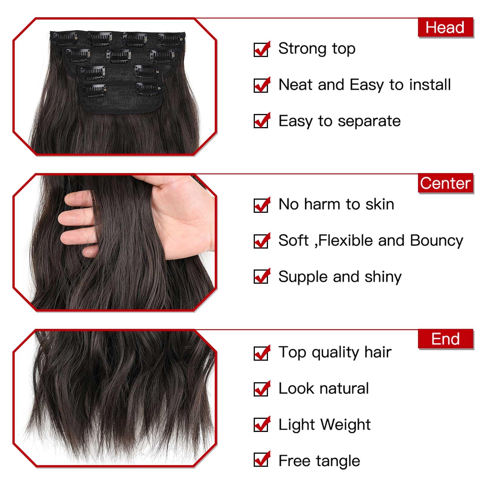 Xtrend 24Inch Long Wavy Hair Extensions Clip in Hair Extensions Synthetic Hair pieces for Women Girls 4PCS Full Head Set Thick Curly Wavy Synthetic Hair Extensions(Dark brown#) - Image 3