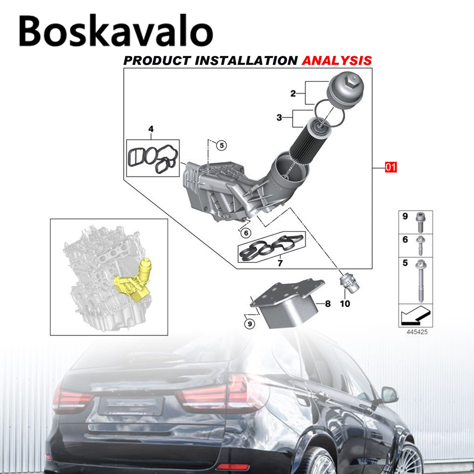 Boskavalo 11428596283 Oil Filter Housing 11428593771 Engine Oil Filter Cooler Housing Adapter Assembly Replacement for F20 F22 F23 F30 F33 F36 G30 G32 G02 G12