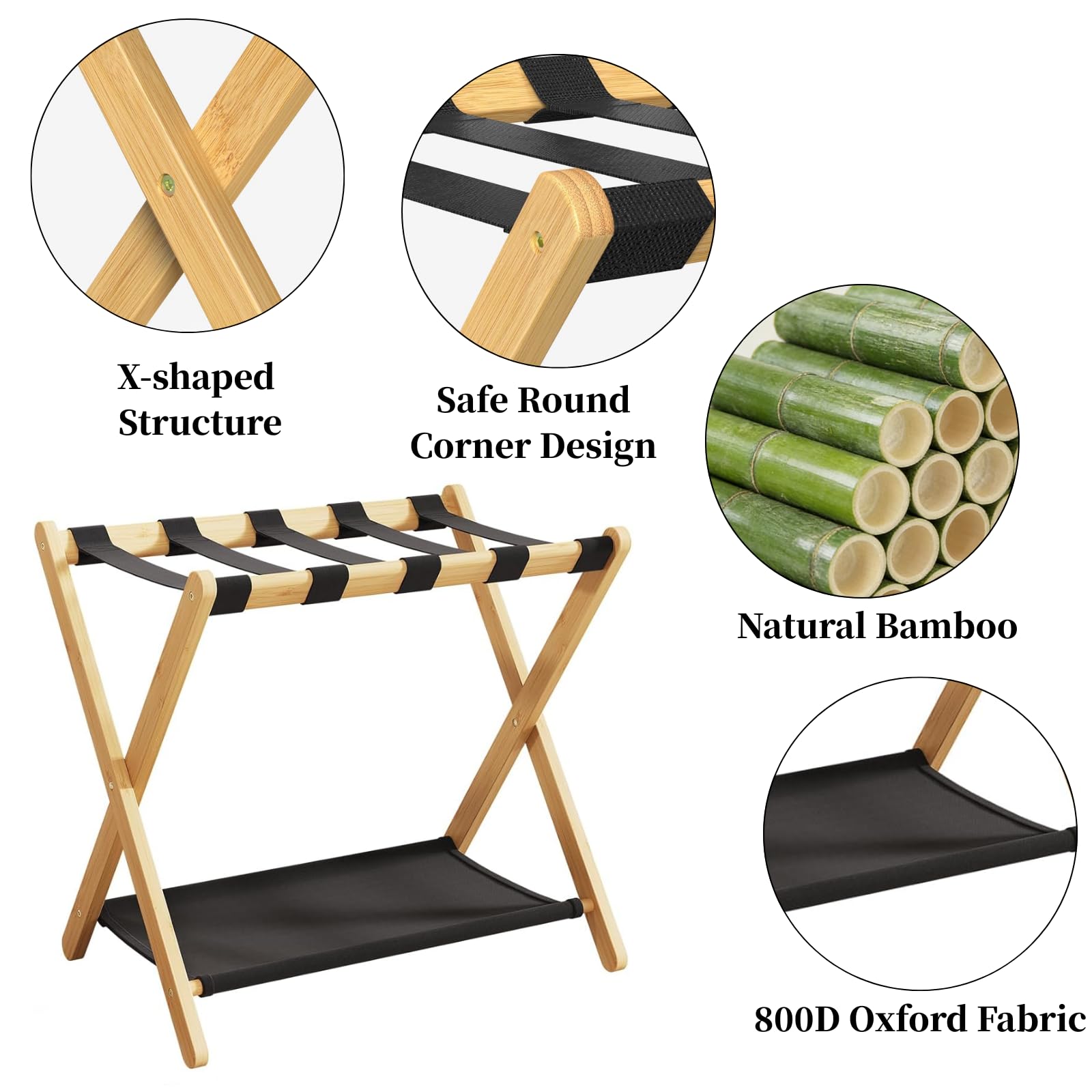 Portaequipajes de madera, soporte plegable de bambú natural con estante de almacenamiento para habitación de invitados, dormitorio, sala de estar de hotel, 5 correas de nailon, resistente, se
