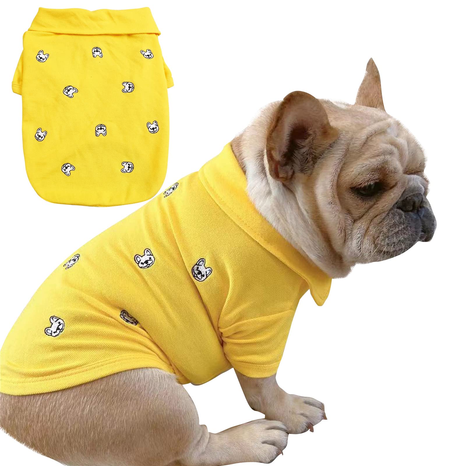 COUTUDI French Bulldog Embroidery Cotton Dog Shirts Pet Puppy T-Shirt Clothes Outfit Apparel Coats Tops… (Yellow, Large)