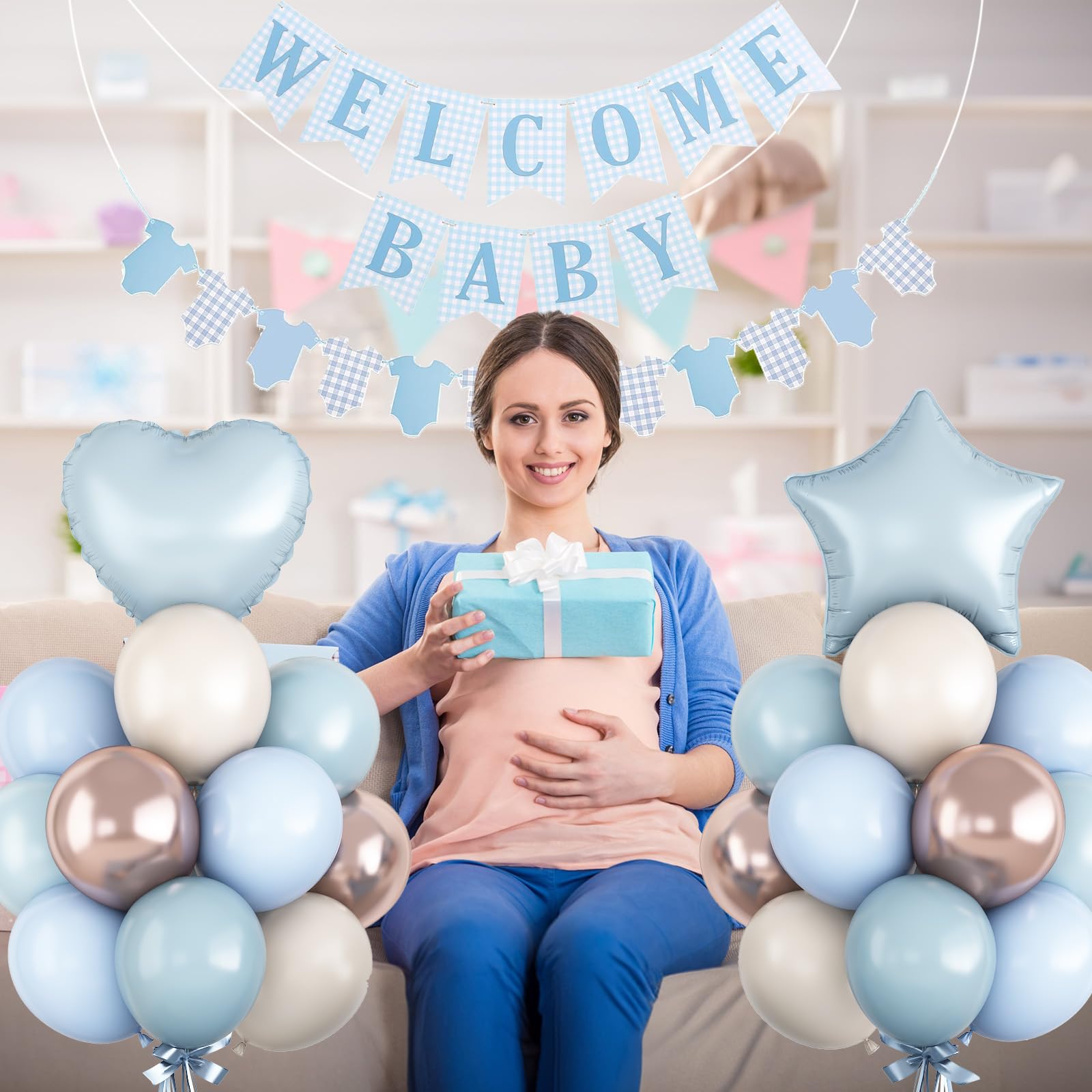 Dusty Blue Baby Shower Decorations Oh Welcome Baby Boys Balloon Set including Star Heart Foil Balloons Bunting Banner Bodysuit Paper Garland Boho Pastel Blue Gold White Sand Gender Reveal Party Decor Girls - Image 4