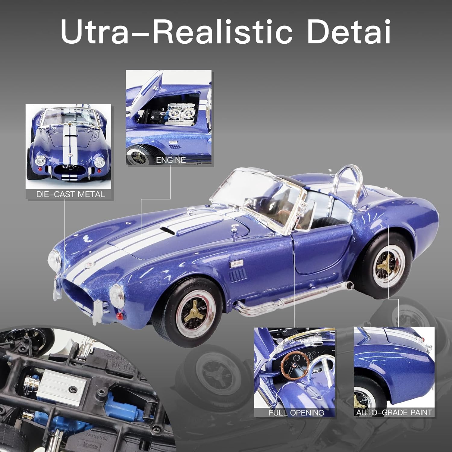 1964 Shelby Cobra 427S/C 1:18 Diecast - 7.0L V8 Semi-Competition | Opening Doors, Steering Linkage, Premium Gift Box | Ages 14+,Blue - Image 4