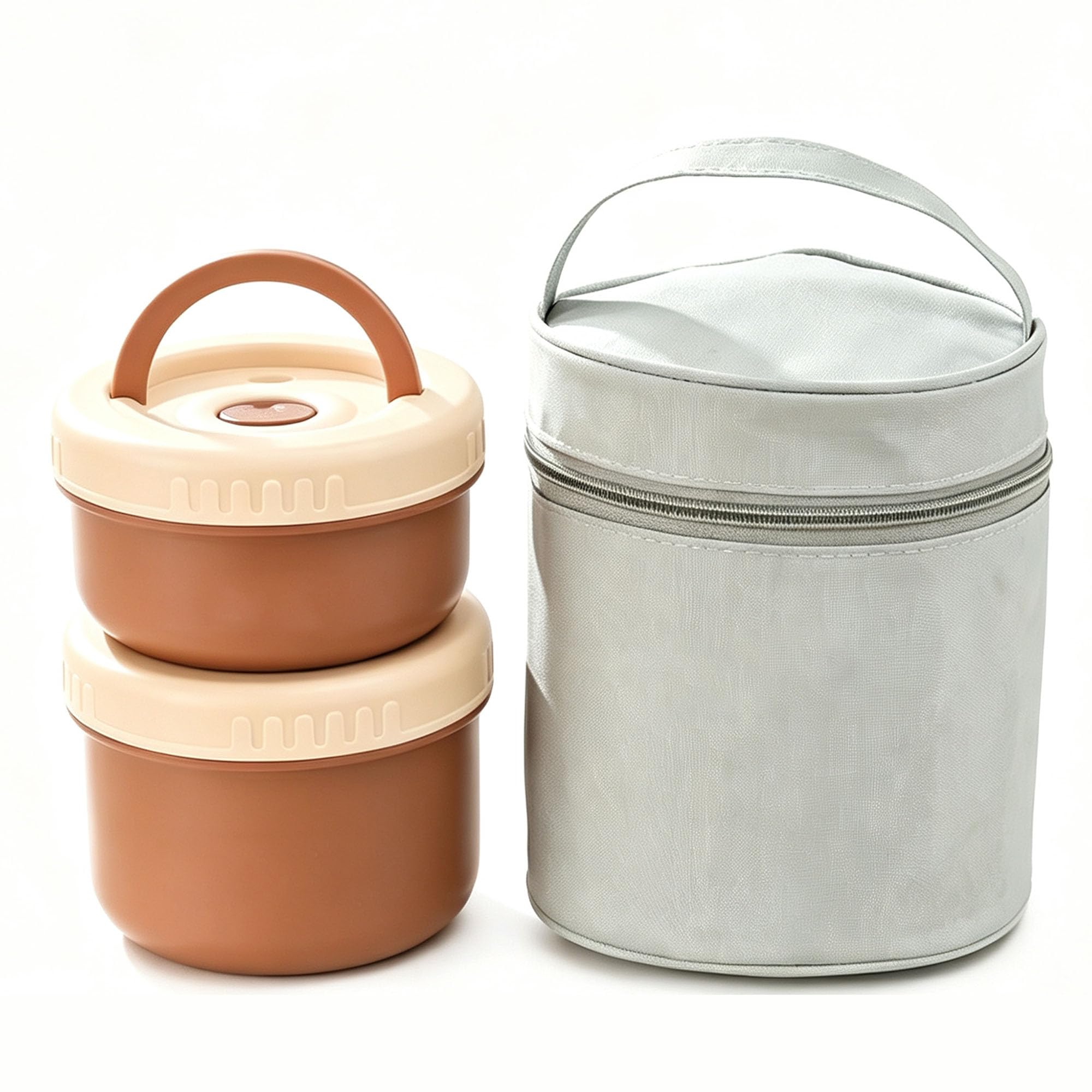 Boîte à lunch Bentos Thermique, Portable Boîte à DéJeuner en céramique, Récipient à Déjeuner Isolé avec Sac à DéJeuner, Passe au Micro-Ondes pour le Travail, l'école,Brown-2 pieces