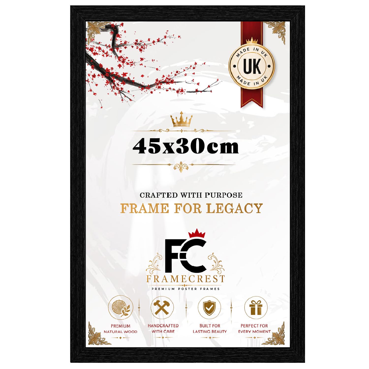 FRAMECREST 45x30cm Poster Frame Black | Durable MDF Wood Picture Frame with Clear Perspex Front | Portrait & Landscape Display for Home, Office & Gallery Wall - [Black]