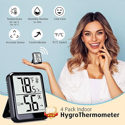 Miniatura 2 de Paquete de 4 termómetros higrómetros de habitación, pequeño sensor digital de temperatura y humedad, medidor de temperatura y humedad para el hogar,