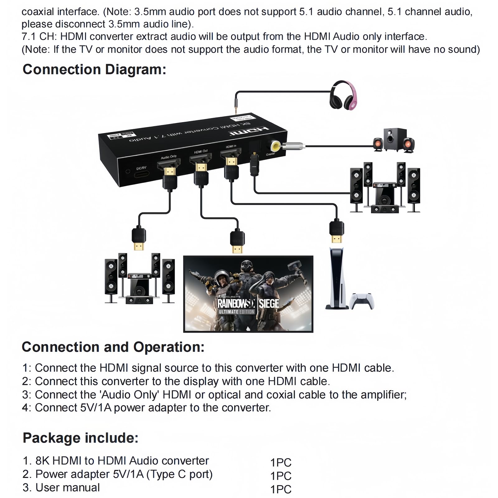 Estrattore audio HDMI 8K60Hz, splitter HDR10 VRR, Toslink coassiale jack da 3,5 mm, per PS5, Xbox, TV, proiettore