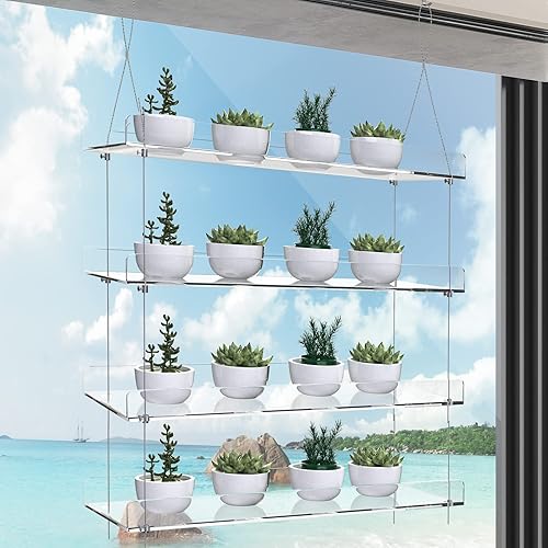 Miniatura 7 de Estante flotante de acrílico para plantas de 4 niveles, cada nivel de 16 pulgadas de largo, altura ajustable para jardín interior, ideal para