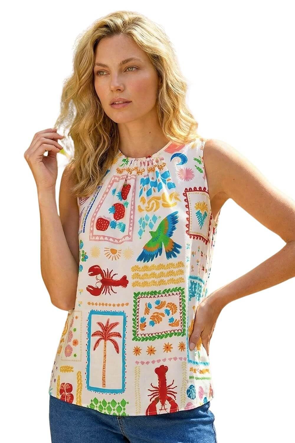 Roman Originals Women's Ivory Multi Holiday Print Vest Top For Uk - Everyday Holiday Spring Summer Round Neckline Comfy Soft Evening Vacation Work Party - Size 12