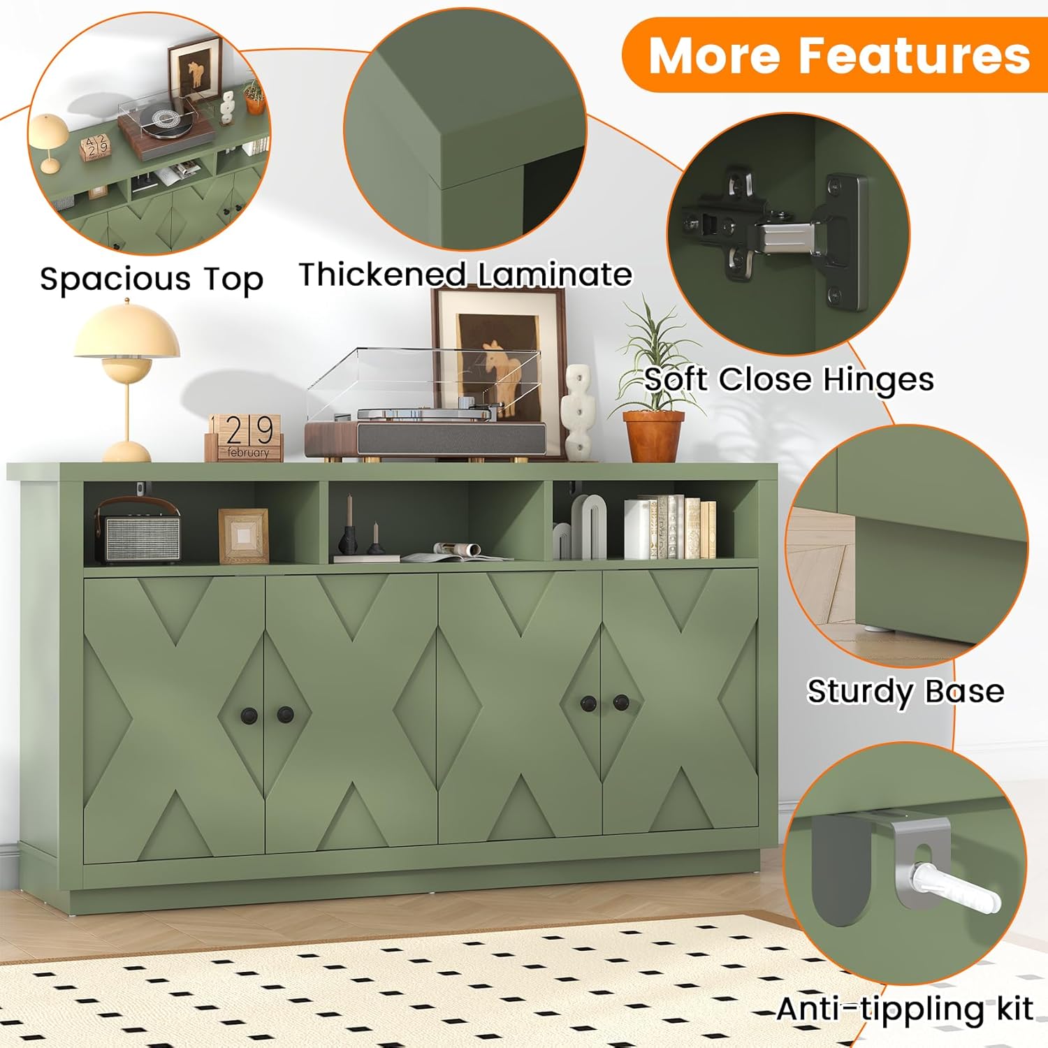 Bigbiglife Kitchen Buffet Cabinet, Farmhouse Coffee Bar Cabinet with 4 Doors and 3 Open Compartments, 59'' Buffet Cabinet Storage Cabinet, Wood Sideboard Buffet for Kitchen, Dining Room