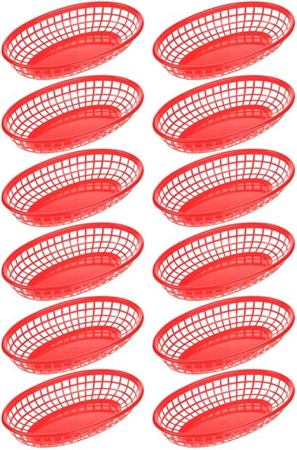 Toyvian 12Pcs Oval Fast Food Baskets, Plastic Serving Baskets Fries Chip Hot Dog Tray Burger Baskets Deli Bowl, Red Storage Baskets Serving Plates for Home Restaurant Snack Bar