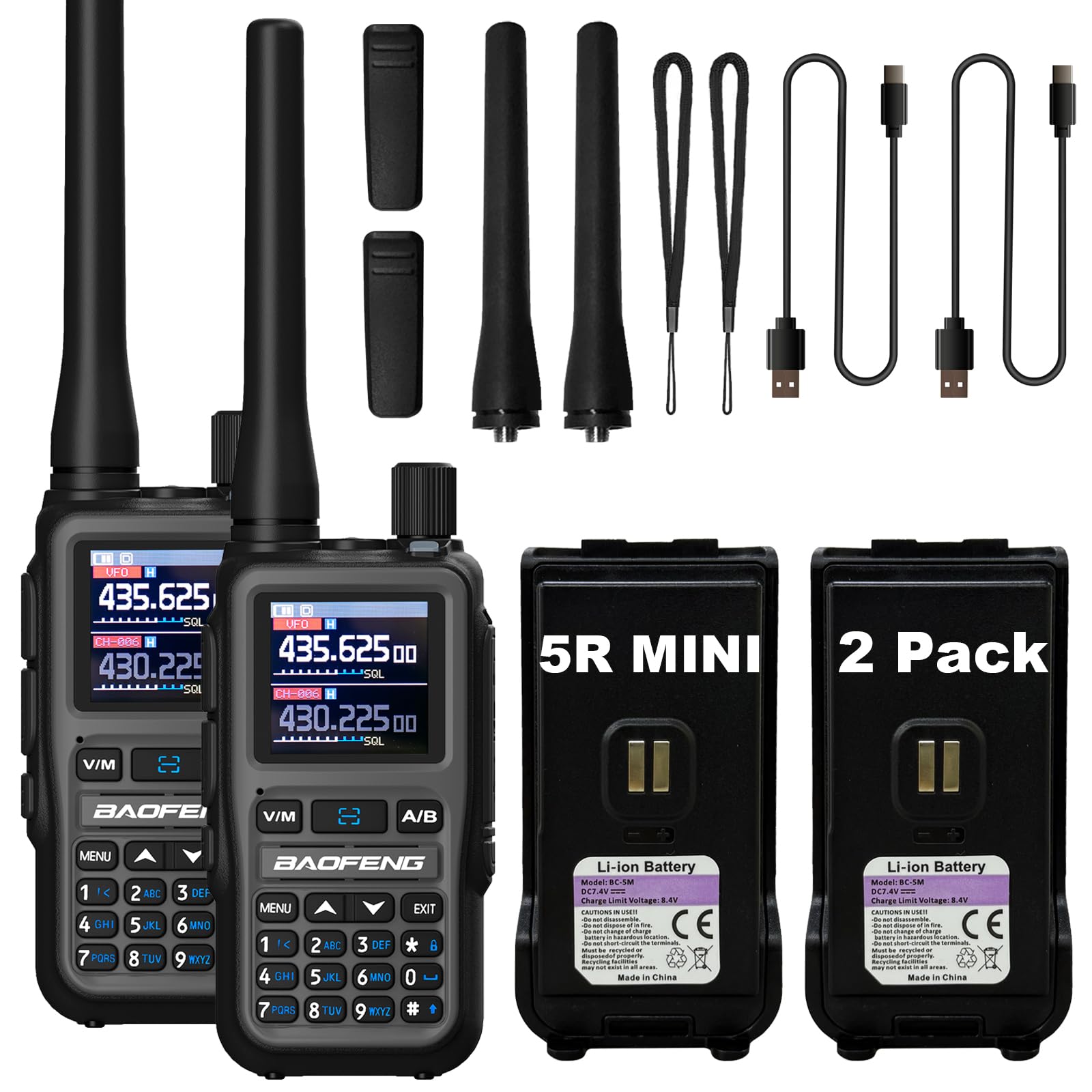 BAOFENG UV-5R Mini Two Way Radio BF-5R Mini Walkie Talkie Wireless Power Adjustable Tiny Size Frequency Copy 999 Channels Type-C Four Colors Portable Ham（2 Pack） (Grey)