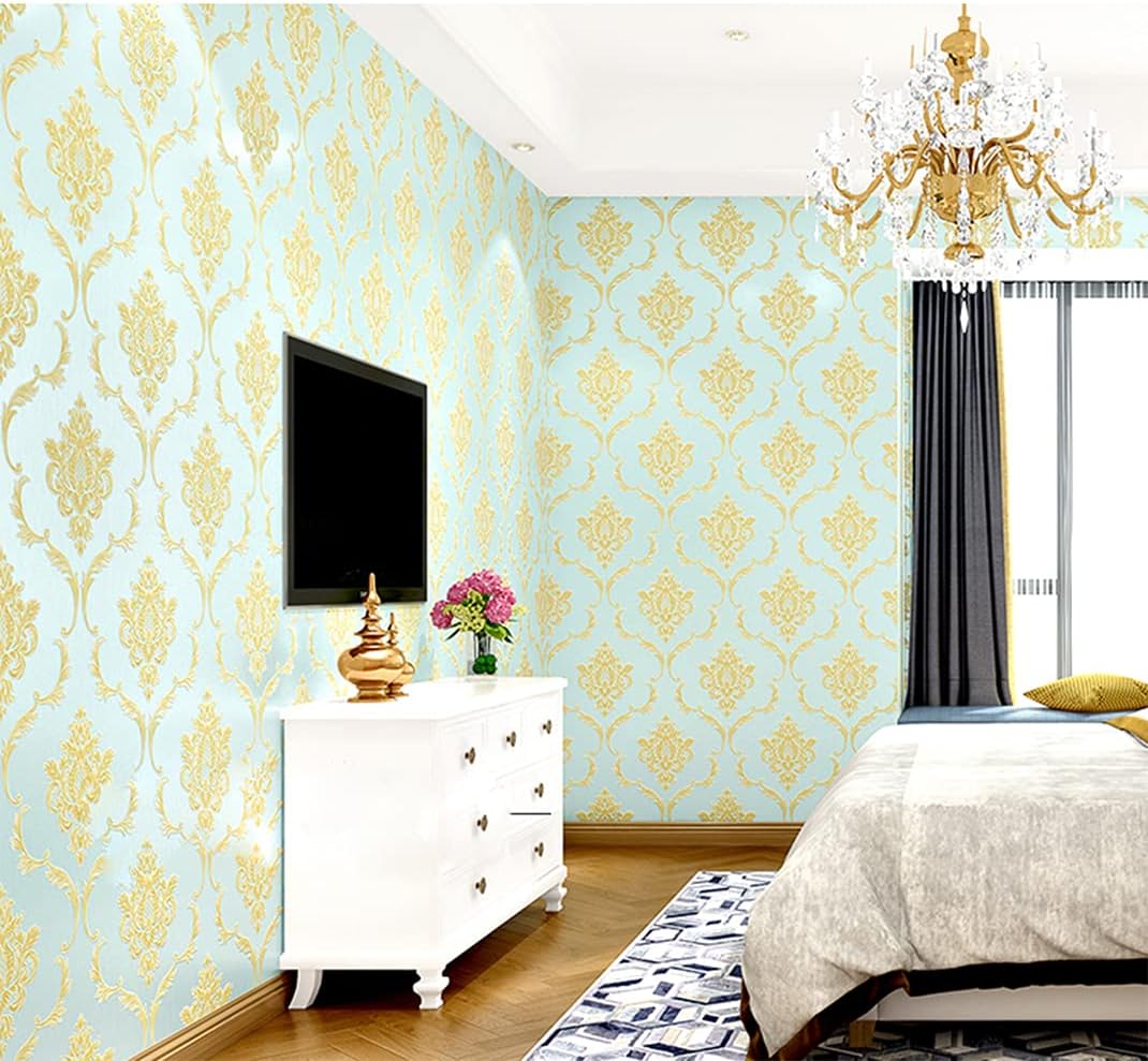 DAWEI 3D European Damask PVC Waterproof Wallpaper Bedroom Living Room TV Background Wall 1.73'W x 32.8'L Non-Pasted (Cyan)