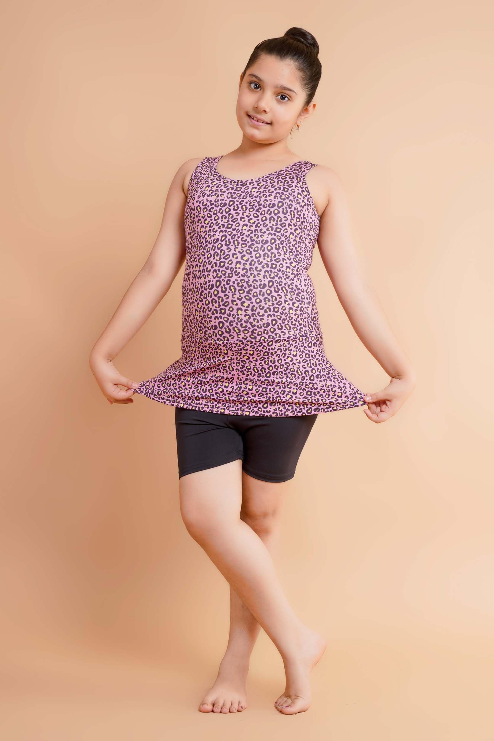 Keepfit Kids Girls Printed Swimsuit Frock Style top with boy Shorts | Comfortable Quick Dry Beachwear for Girls Pink 3