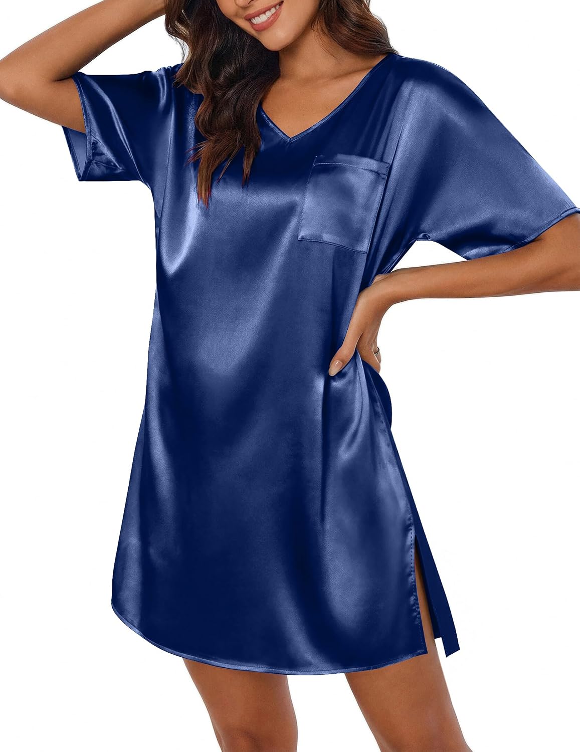 Ekouaer Women's Satin Nightgowns V Neck Side Split Sleepshirt Short Sleeves Sleepwear Chest Pocket Nightshirt S-XXL