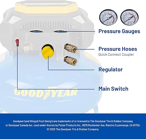 Vista 7 de Goodyear - Compresor de aire eléctrico para panqueques sin aceite, 6 galones, 150 PSI