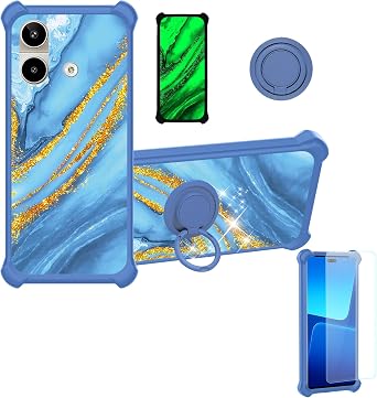 Case Compatible for Lava Storm Play LXX522 Phone Case Cover [with 1* Tempered Glass Screen Protector][Hard PC + Soft Silicone][Ring Support] [Gold Glitter+Luminous] JSL-LDL