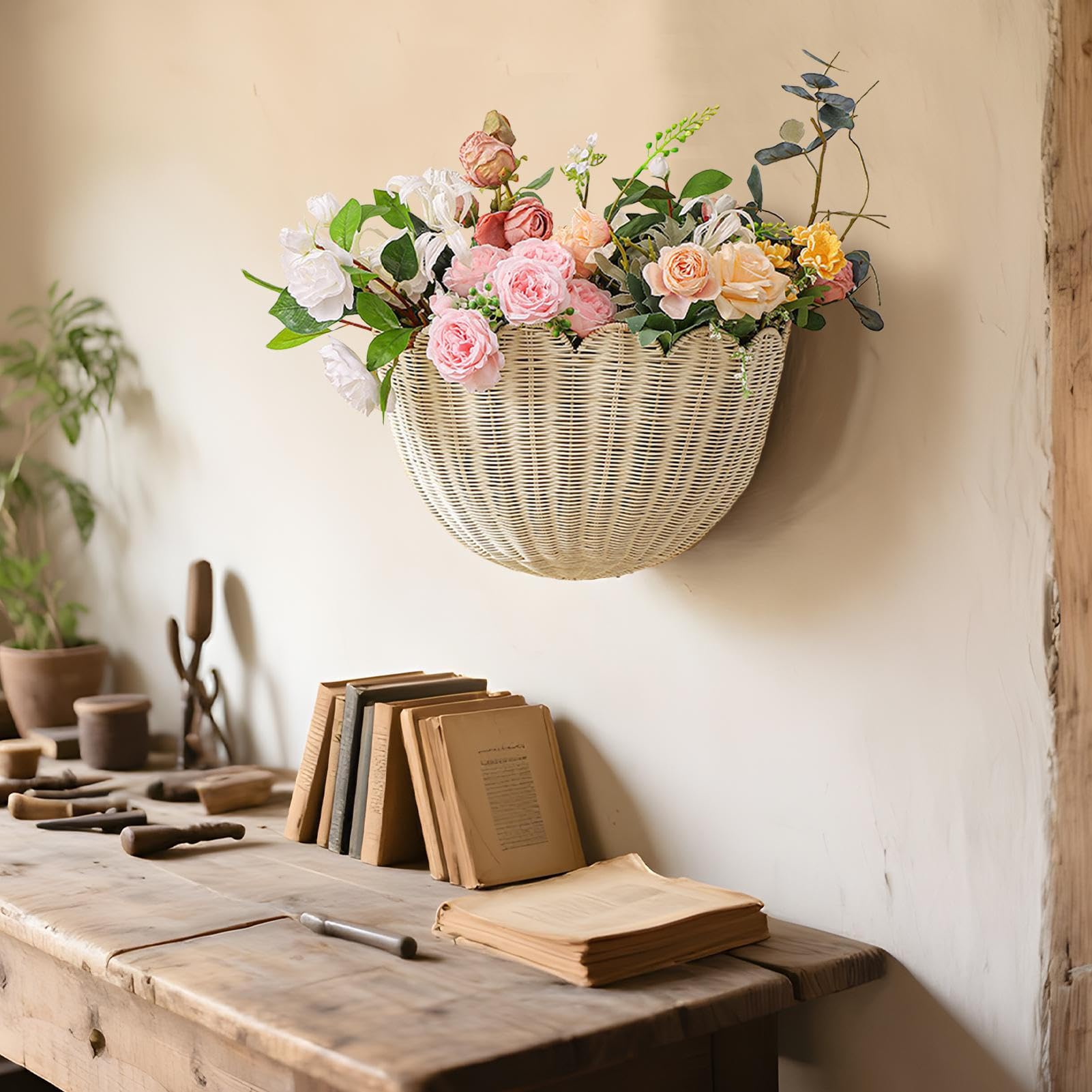 Cesta Colgante Mimbre Organizador Decorativo de Almacenaje Rústico | Cesta Para Plantas para Jardín Casa Rural Cocina Salón Entrada Dormitorio Apartamento Residencia Estudiantil Cuarto de Bebé