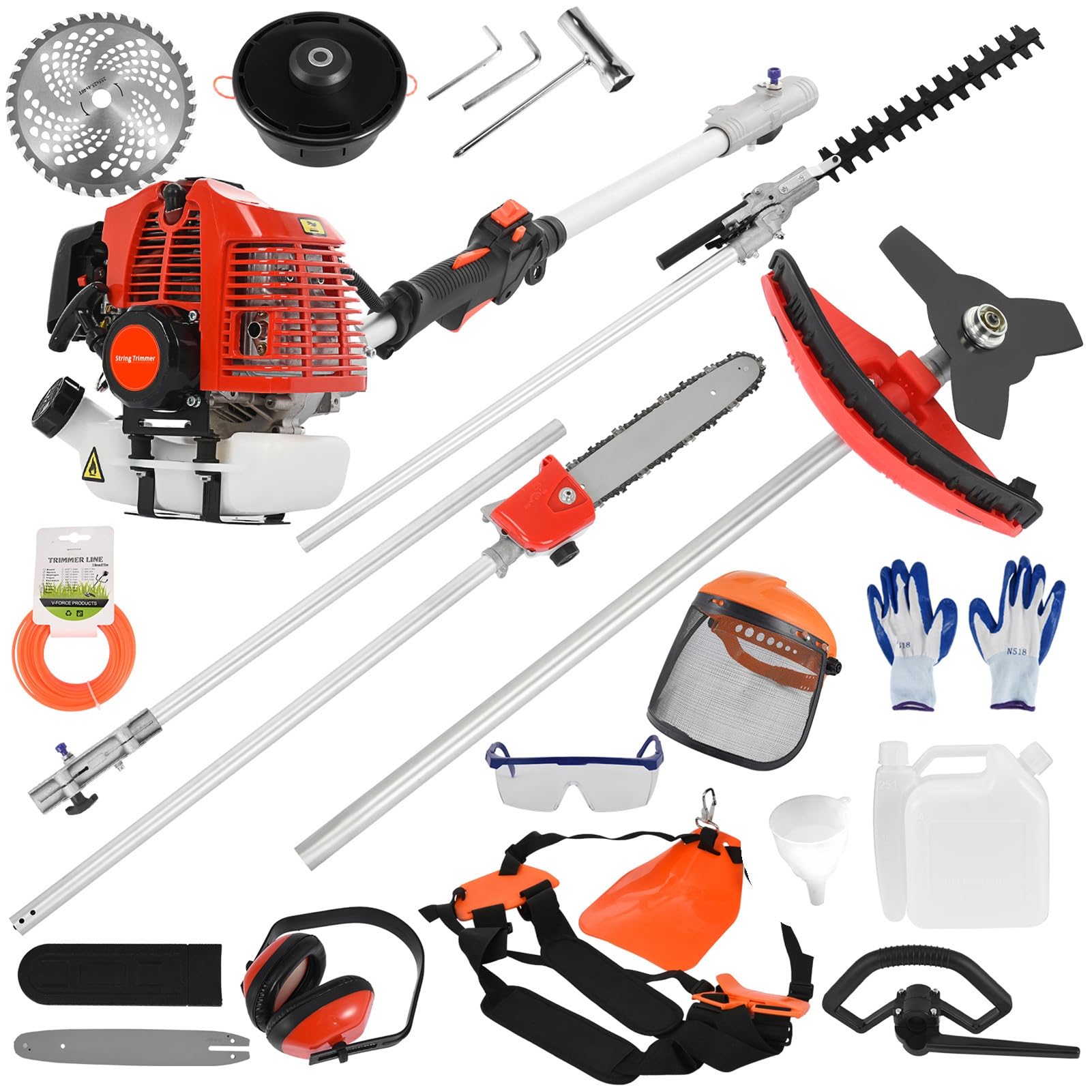 Podadora de cuerdas de mochila de 52 cc, potente desbrozadora de malezas de funcionamiento completo con kit de herramientas, cortasetos de gasolina, motosierra, cortador de cepillo para el cuidado del