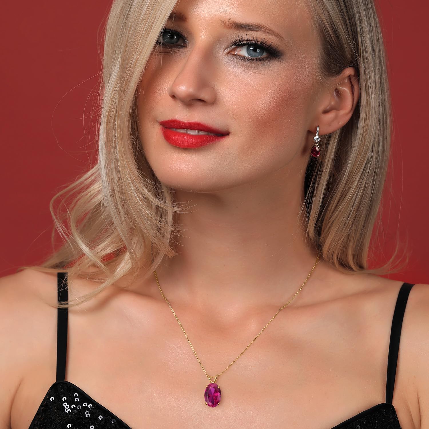 Gem Stone King 14K Yellow Gold Red Created Ruby Pendant Necklace for Women | 3.00 Cttw | Gemstone July Birthstone | Oval 14X10MM | With 18 Inch Chain - Image 4