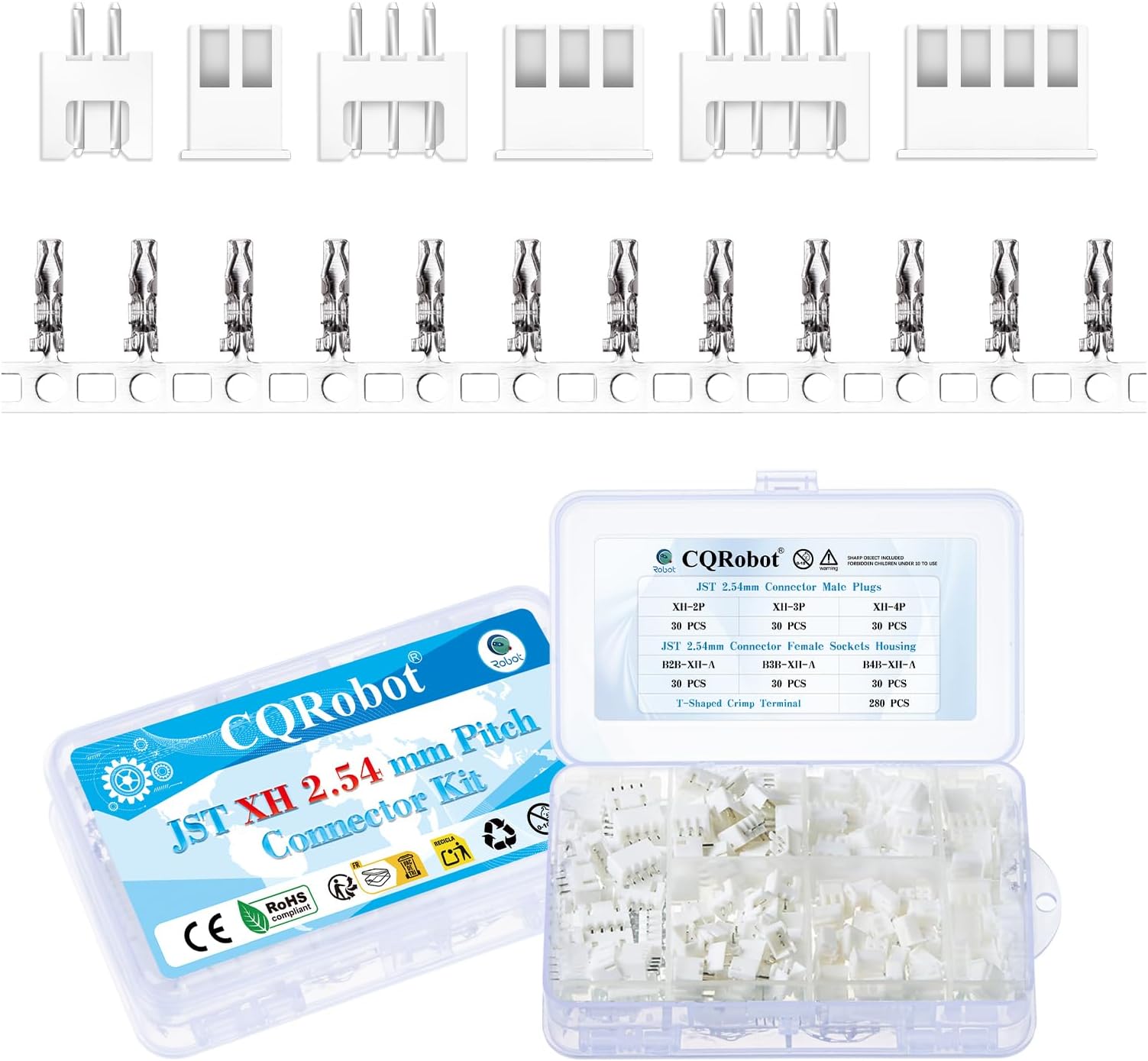 CQRobot JST XH 2.54 mm Pitch 2-Pin/3-Pin/4-Pin Electronic Connector IC Male Plugs, Female Sockets Housing and T-Shaped Crimp Terminal Kit. 90 Sets/460 Pieces Wire-to-Board Adapter Cable Assembly.