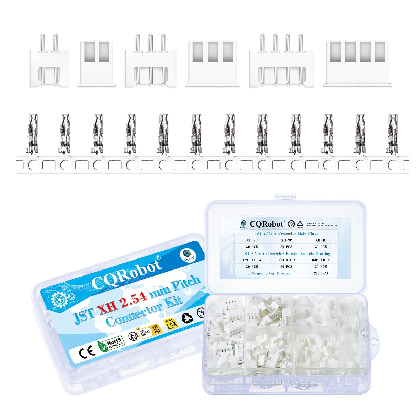 CQRobot JST XH 2.54 mm Pitch 2-Pin/3-Pin/4-Pin Electronic Connector IC Male Plugs, Female Sockets Housing and T-Shaped Crimp Terminal Kit. 90 Sets/460