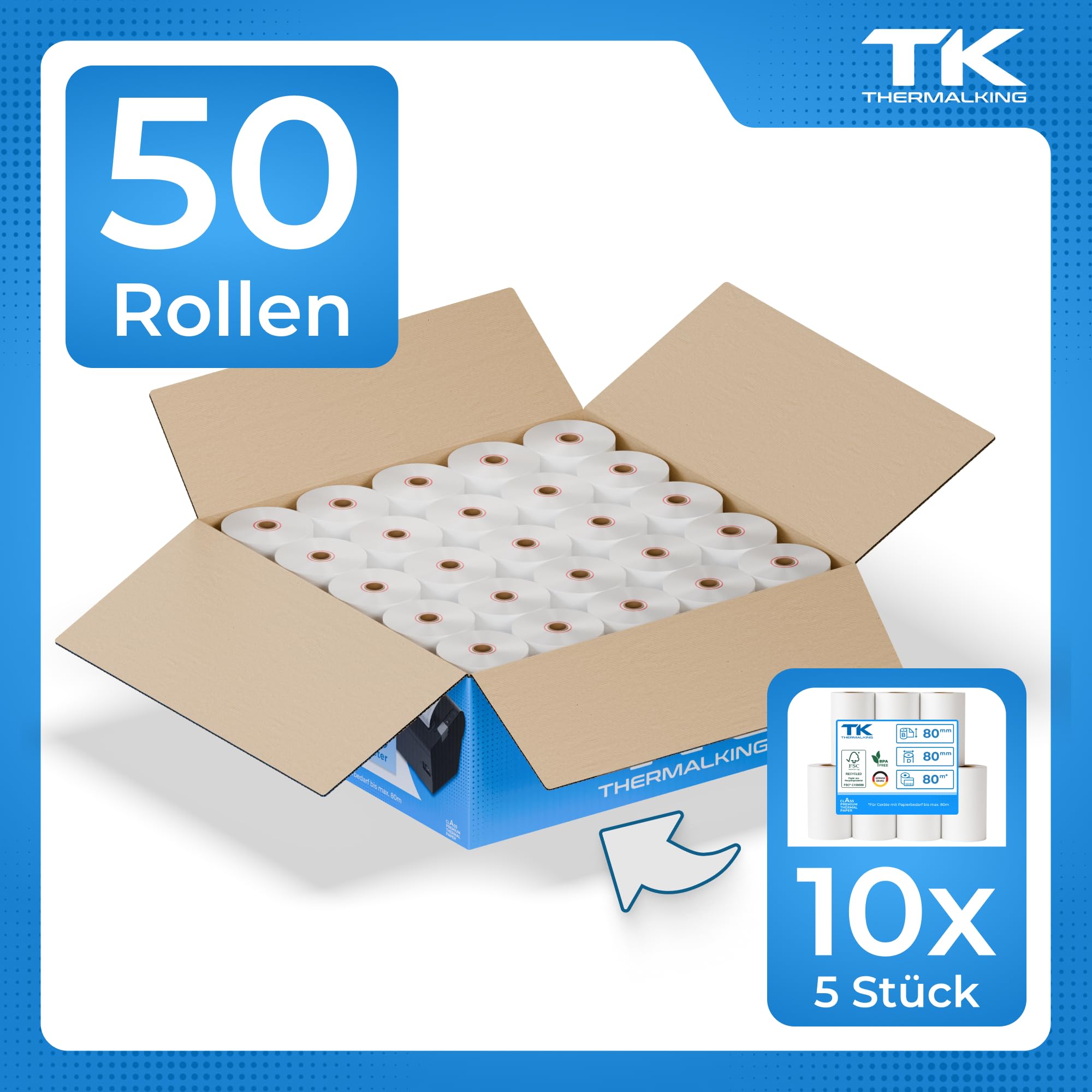 Thermorollen 80x80x12 mm Bonrollen BPA-frei 50 Stk f. Kasse | Geeignet für Drucksysteme mit Papierbedarf bis 80 m · BPA-frei · FSC · deutsche Marke · für POS-Kassen & Bondrucker