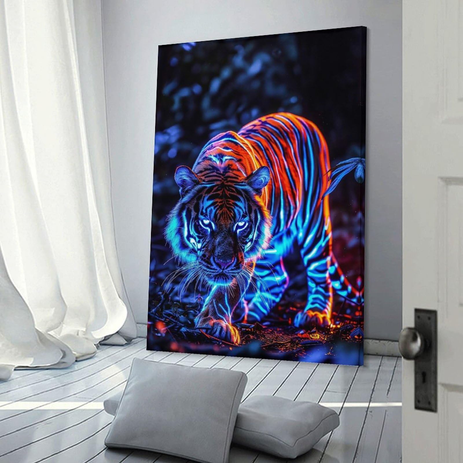 Junmoney Frame-Style-6 Neon Tiger Canvas Wall Decor, 12X18inch(30X45cm), For Gallery Wall Decor And Room Displays, Wall Decor Suited To Curated Displays