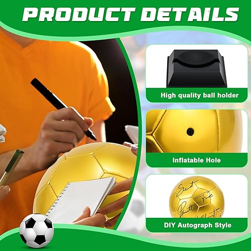 Miniatura 3 de Hiboom Balón de fútbol dorado con autógrafo con soporte de exhibición, bomba de aire para trofeos, aniversario, escuela secundaria, operación,