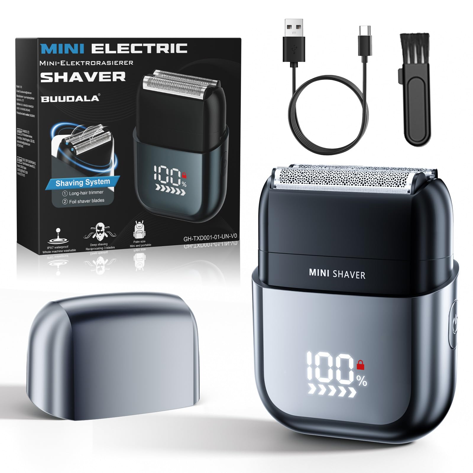 Afeitadora Electrica Hombre con Pantalla LED, Máquina de Afeitar Barba En Seco y Mojado, IPX7 Resistente Foil Shaver con 3 Cuchillas, Tipo C Recargable, Ligero y Portátil para Barba Rostro Viajes