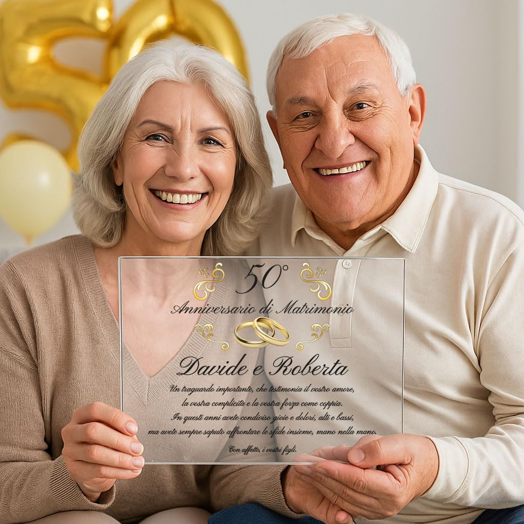 Targa Ricordo In Vetro Tagliato Personalizzata Per Il 50° Anniversario Di Nozze D'oro - Italia - Foto 9