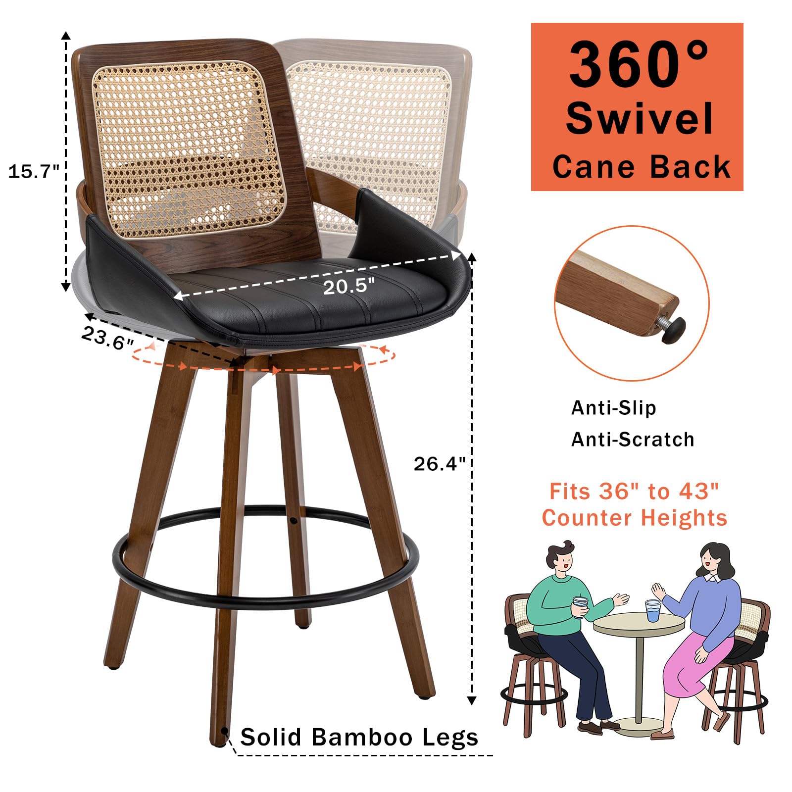 Set of 4 Swivel Rattan Counter Stools - 26.4 inch Mid Century Modern Bar Stools with Cane Back, Upholstered Seat, Curved Arms, Faux Leather Bar Stools for Kitchen/Island/Counter (Walnut Black)