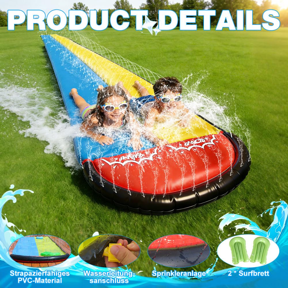 Wasserrutsche Garten für Kinder mit Sprinklern, Aufblasbare Rutschbahn Outdoor 480x140cm