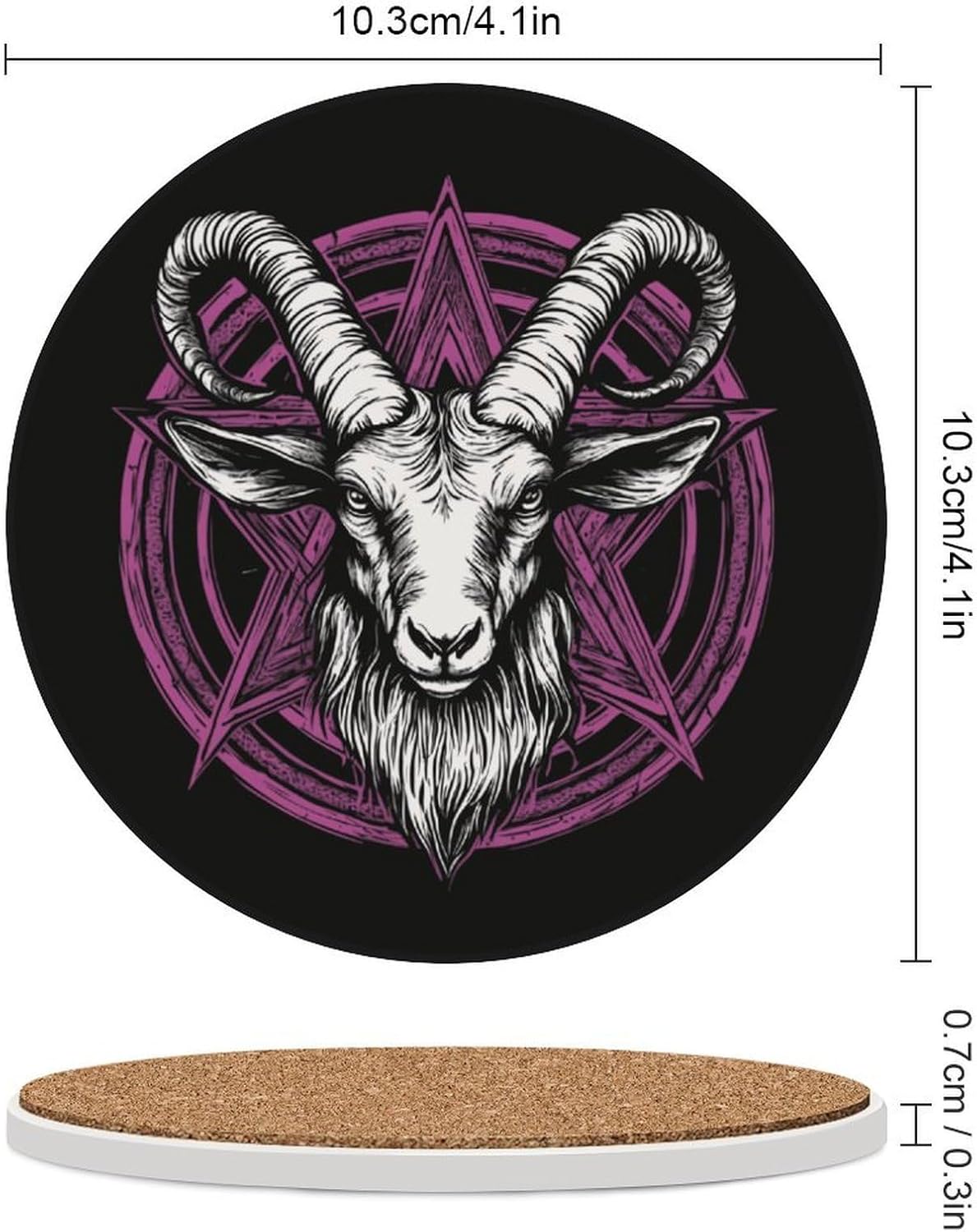 Baphomet Satanic Goat Head Round Ceramic Coasters for Drinks Absorbent Cup Holder Tabletop Protector with Cork Base