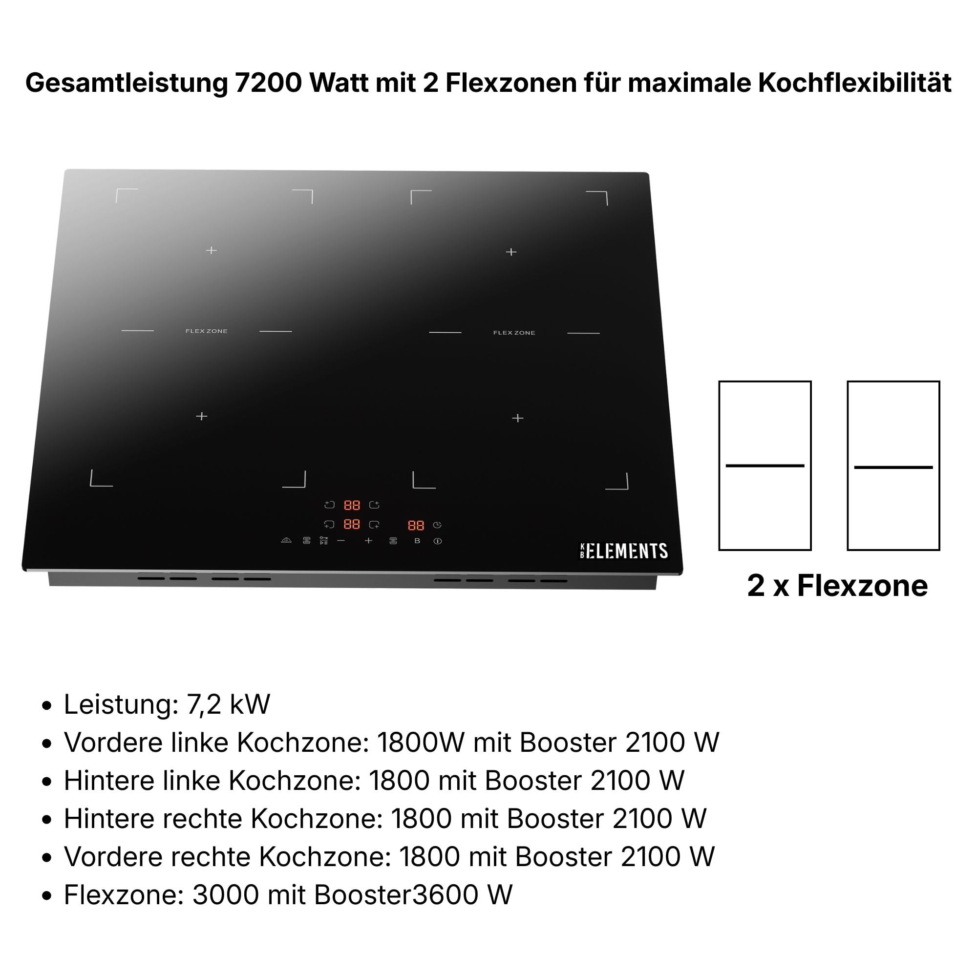 Induktionskochfeld 60 cm, Warmhaltefunktion, Induktionskochfeld 4 platten, 7200 Watt, Flexzone, Autark, Rahmenlos, Touch-Bedienung