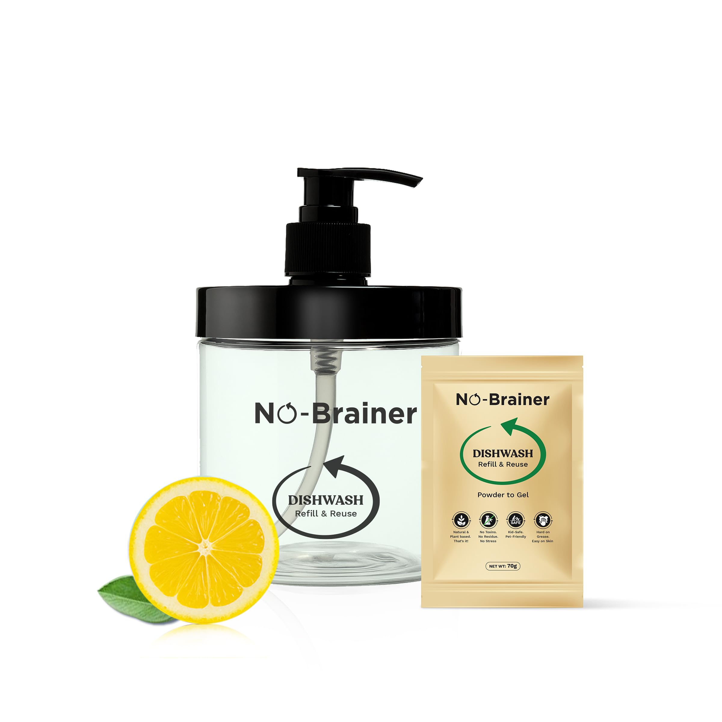 NO BRAINER Dishwash Powder to Gel | Natural Plant‑Based Refill & Reuse | Hard on Grease, Gentle on Hands | No Residue, Easy Wash‑Off | With Dispenser Pump Bottle (Bottle + 1 Pouch for 500 ml)-picture-25