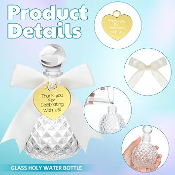 Newtay 24 Sets Holy Water Bottles Catholic Bulk Glass 100ml Baptism Christian Glass Bottle with Heart Lapel Pins Organza Bags and White Ribbon for Holy Communion Church Wedding Baptism Party Favors